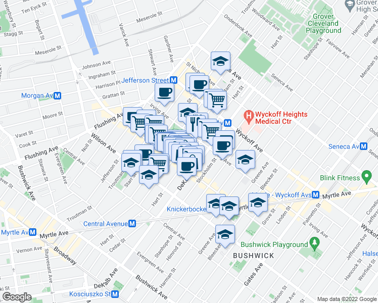 map of restaurants, bars, coffee shops, grocery stores, and more near 288 Suydam Street in Brooklyn