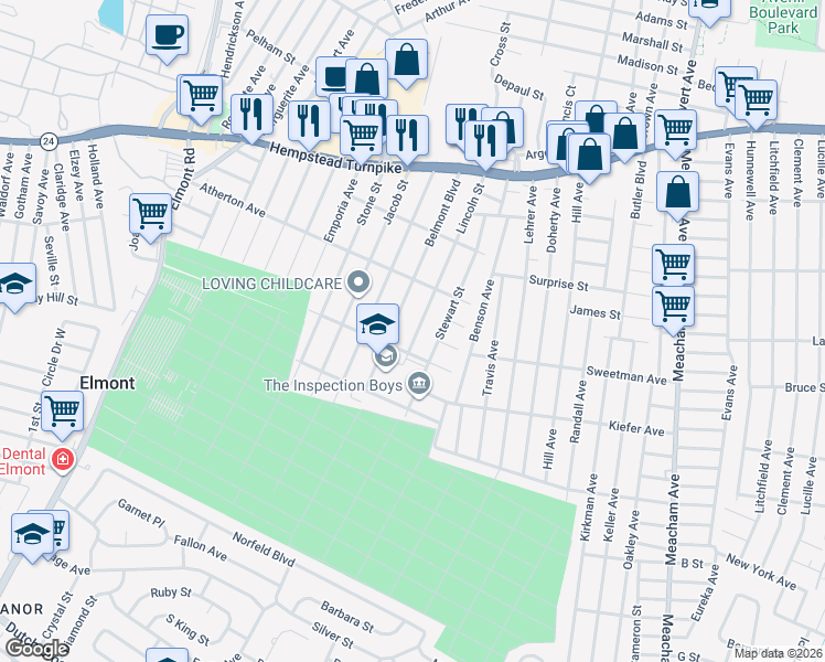 map of restaurants, bars, coffee shops, grocery stores, and more near 186 Lincoln St in Elmont