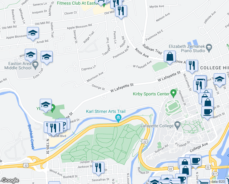map of restaurants, bars, coffee shops, grocery stores, and more near 1046 West Lafayette Street in Easton