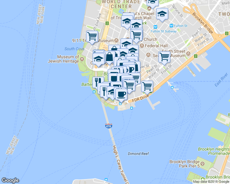 map of restaurants, bars, coffee shops, grocery stores, and more near 22 State Street in New York