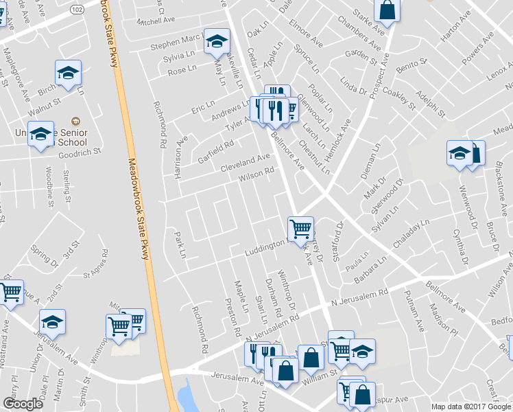 map of restaurants, bars, coffee shops, grocery stores, and more near 750 Fillmore Road in East Meadow