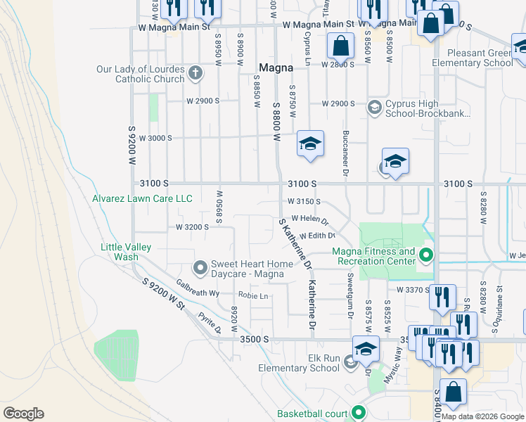 map of restaurants, bars, coffee shops, grocery stores, and more near 8846 Helen Dr in Magna