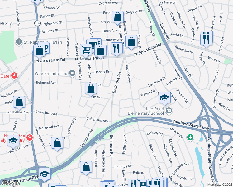 map of restaurants, bars, coffee shops, grocery stores, and more near 825 Bellmore Road in North Bellmore