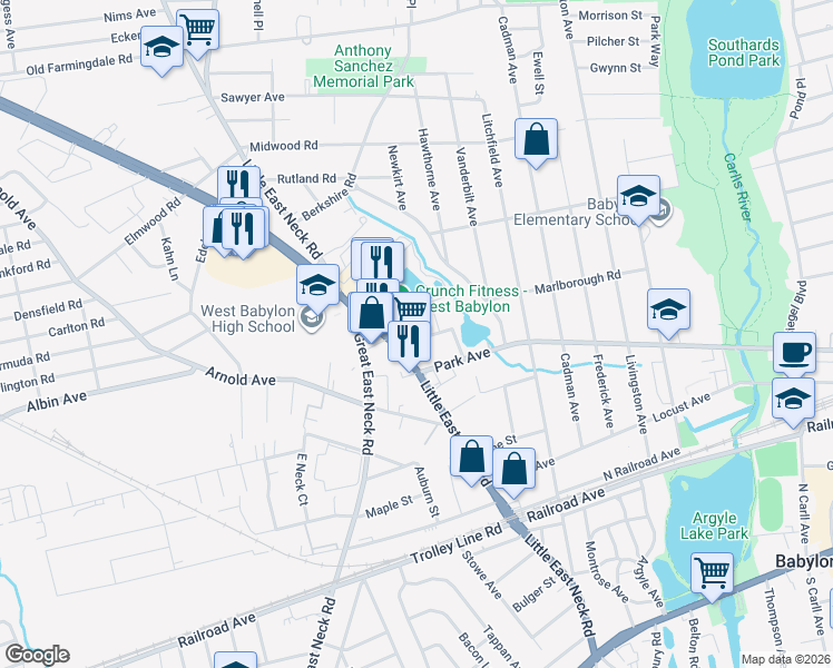 map of restaurants, bars, coffee shops, grocery stores, and more near 9 Haab Avenue in Babylon