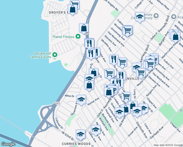 map of restaurants, bars, coffee shops, grocery stores, and more near 32 Msgr Wojtycha Drive in Jersey City