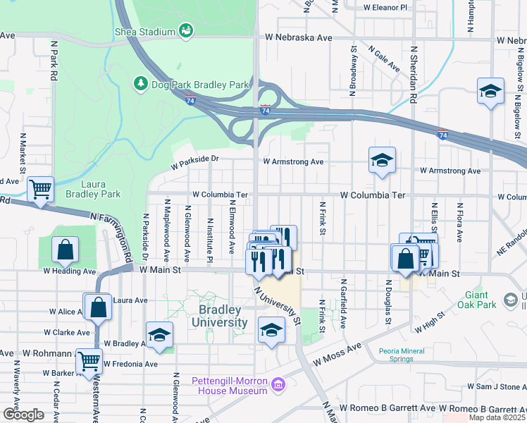 map of restaurants, bars, coffee shops, grocery stores, and more near 1212 North University Street in Peoria