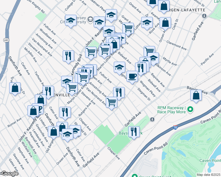 map of restaurants, bars, coffee shops, grocery stores, and more near 114 Woodlawn Avenue in Jersey City