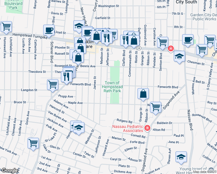 map of restaurants, bars, coffee shops, grocery stores, and more near 881 Fenworth Boulevard in Franklin Square