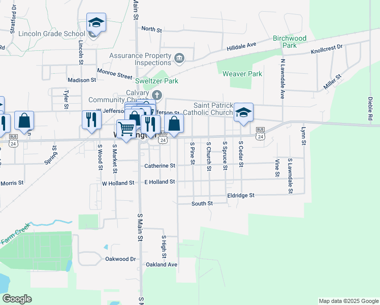 map of restaurants, bars, coffee shops, grocery stores, and more near 110 South Pine Street in Washington