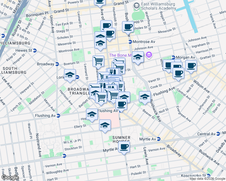 map of restaurants, bars, coffee shops, grocery stores, and more near 44 Varet Street in Brooklyn
