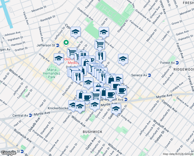 map of restaurants, bars, coffee shops, grocery stores, and more near Harman Street in Brooklyn