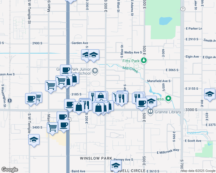 map of restaurants, bars, coffee shops, grocery stores, and more near 327 East Lambourne Avenue in South Salt Lake