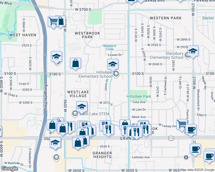 map of restaurants, bars, coffee shops, grocery stores, and more near 3179 Jason Place in West Valley City