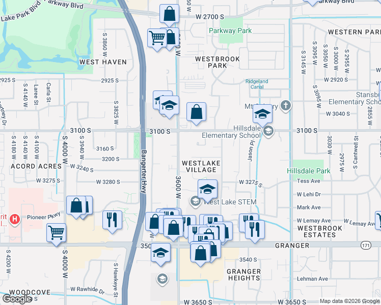 map of restaurants, bars, coffee shops, grocery stores, and more near 3562 Westlake Road in West Valley City