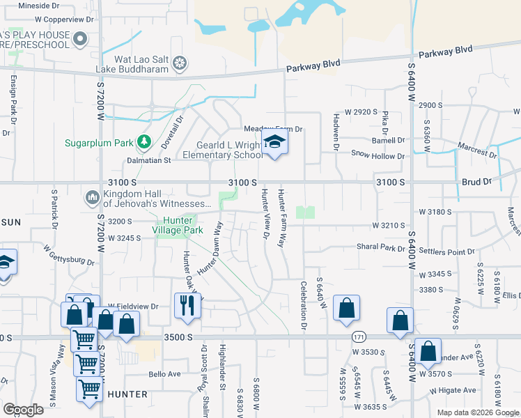 map of restaurants, bars, coffee shops, grocery stores, and more near 3164 Hunter View Dr in West Valley City