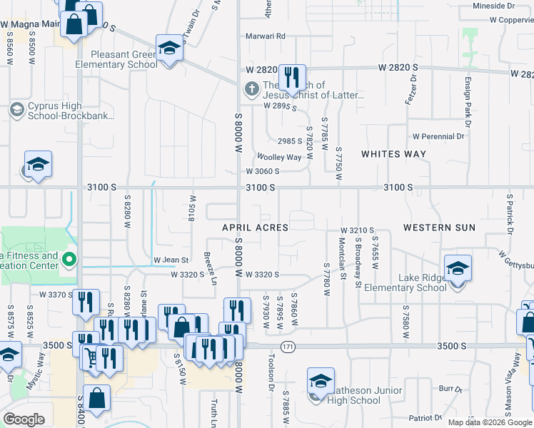 map of restaurants, bars, coffee shops, grocery stores, and more near 3186 7900 West in Magna