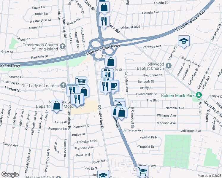 map of restaurants, bars, coffee shops, grocery stores, and more near 16 Main Street in Amityville