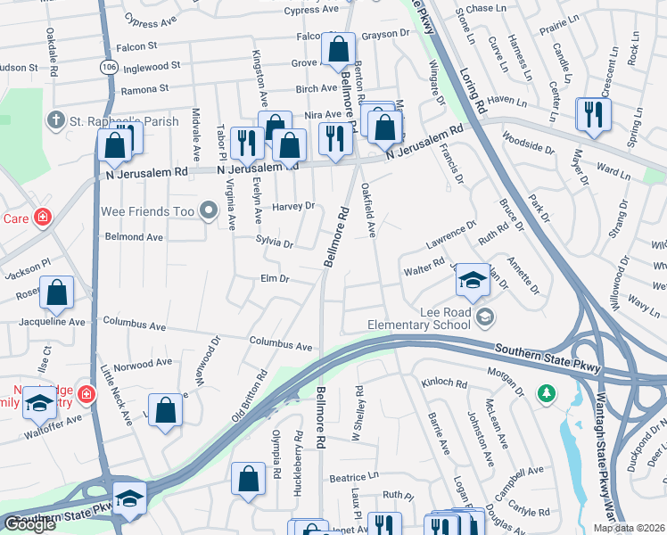 map of restaurants, bars, coffee shops, grocery stores, and more near 825 Bellmore Road in North Bellmore