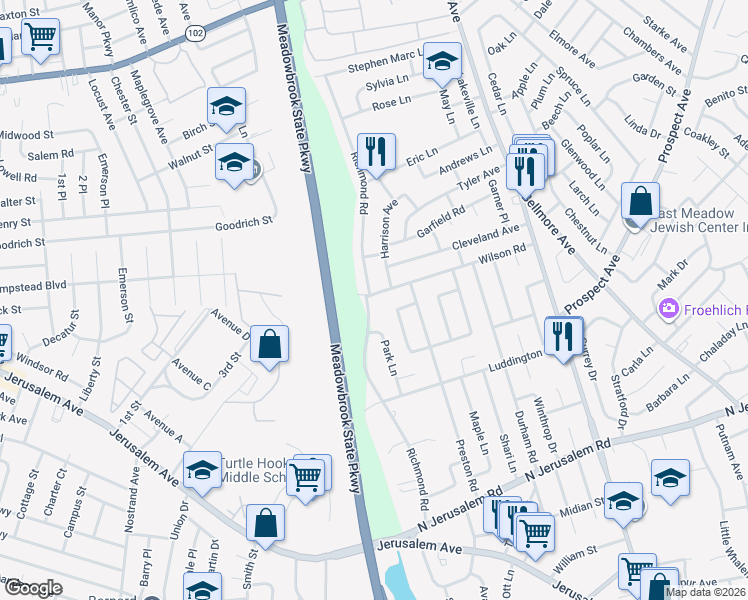 map of restaurants, bars, coffee shops, grocery stores, and more near 1351 Wilson Road in East Meadow