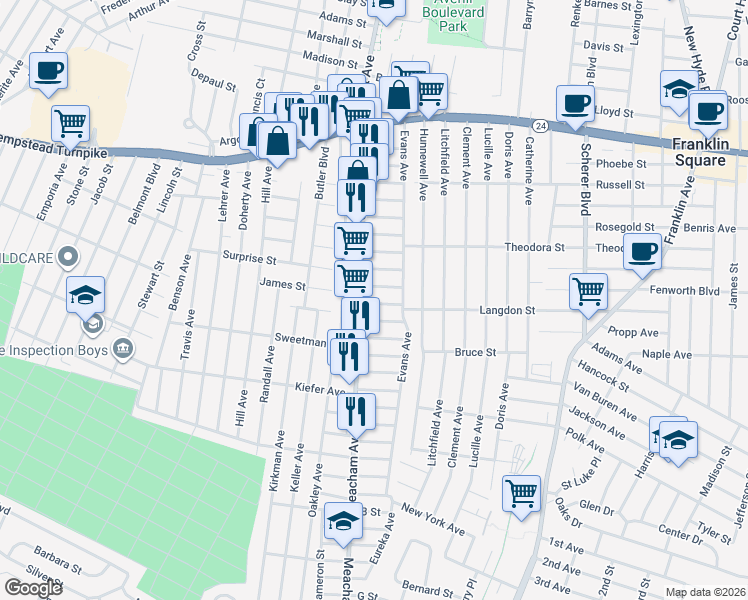 map of restaurants, bars, coffee shops, grocery stores, and more near 210 Meacham Avenue in Elmont