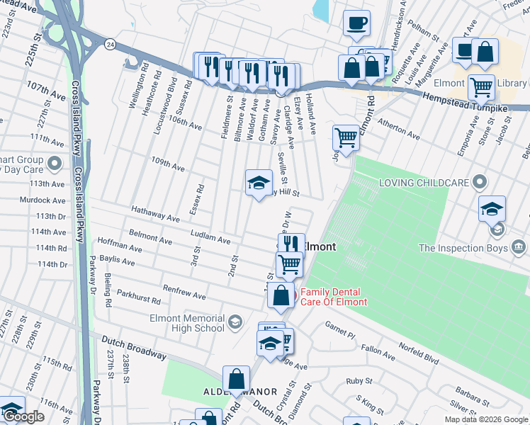 map of restaurants, bars, coffee shops, grocery stores, and more near 181 Gotham Avenue in Elmont