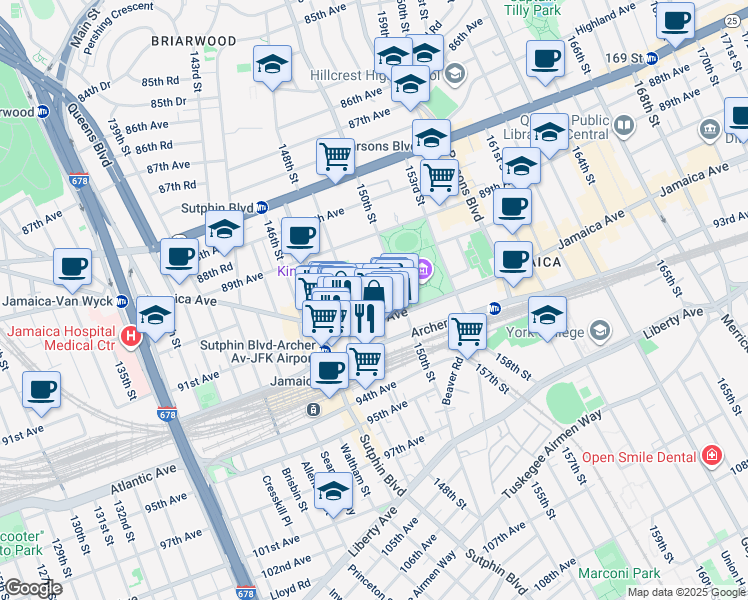 map of restaurants, bars, coffee shops, grocery stores, and more near 148-27 Jamaica Avenue in Queens