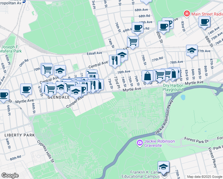 map of restaurants, bars, coffee shops, grocery stores, and more near 72-45 Myrtle Avenue in Queens