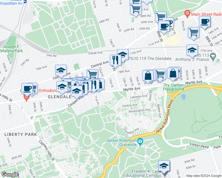 map of restaurants, bars, coffee shops, grocery stores, and more near 72-45 Myrtle Avenue in Queens