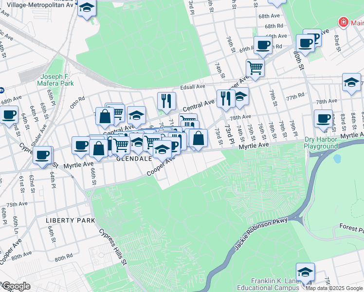 map of restaurants, bars, coffee shops, grocery stores, and more near 71-66 71st Place in Queens