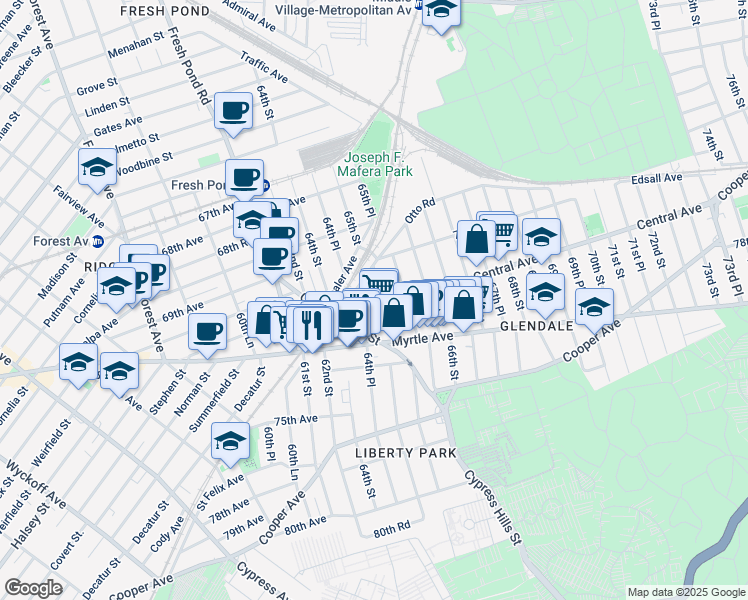map of restaurants, bars, coffee shops, grocery stores, and more near 70-41 64th Place in Queens