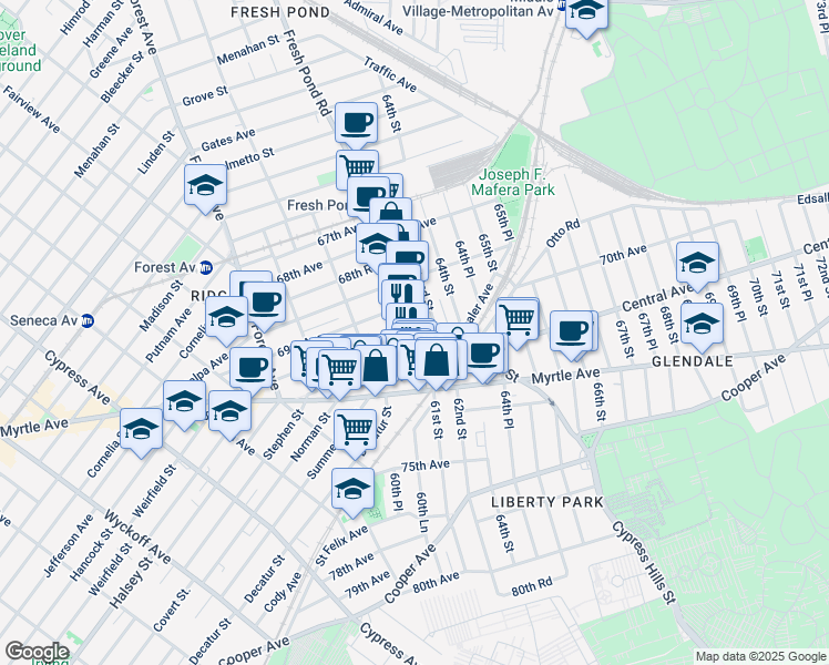 map of restaurants, bars, coffee shops, grocery stores, and more near 70-12 Cypress Hills Street in Queens
