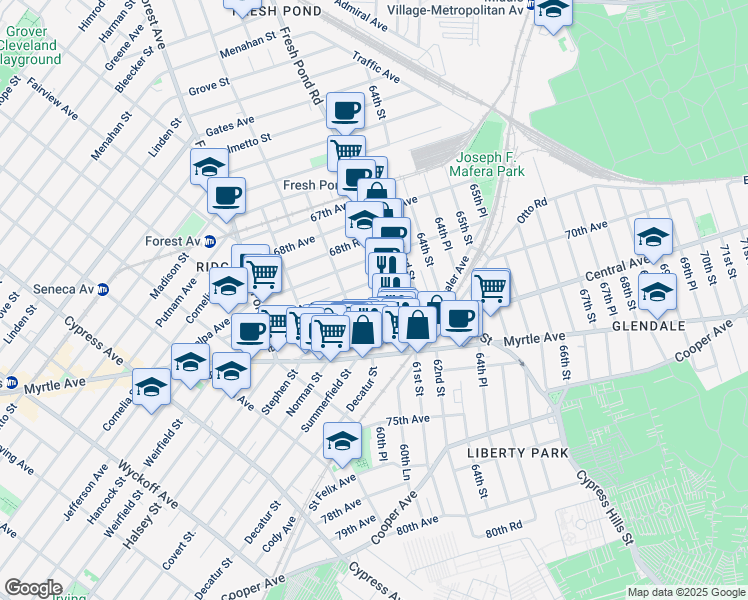 map of restaurants, bars, coffee shops, grocery stores, and more near 60-83 70th Avenue in Queens