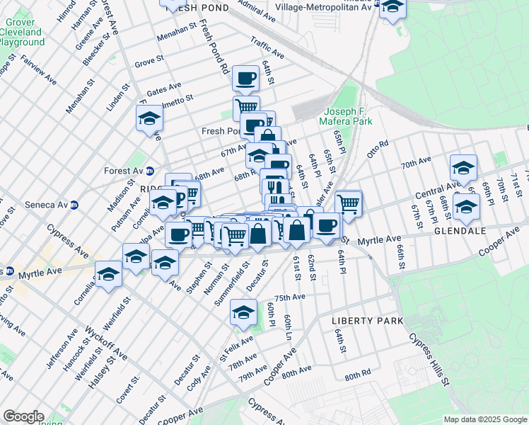 map of restaurants, bars, coffee shops, grocery stores, and more near 60-83 70th Avenue in Queens