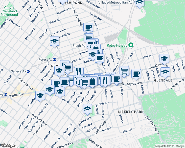 map of restaurants, bars, coffee shops, grocery stores, and more near 60-83 70th Avenue in Queens