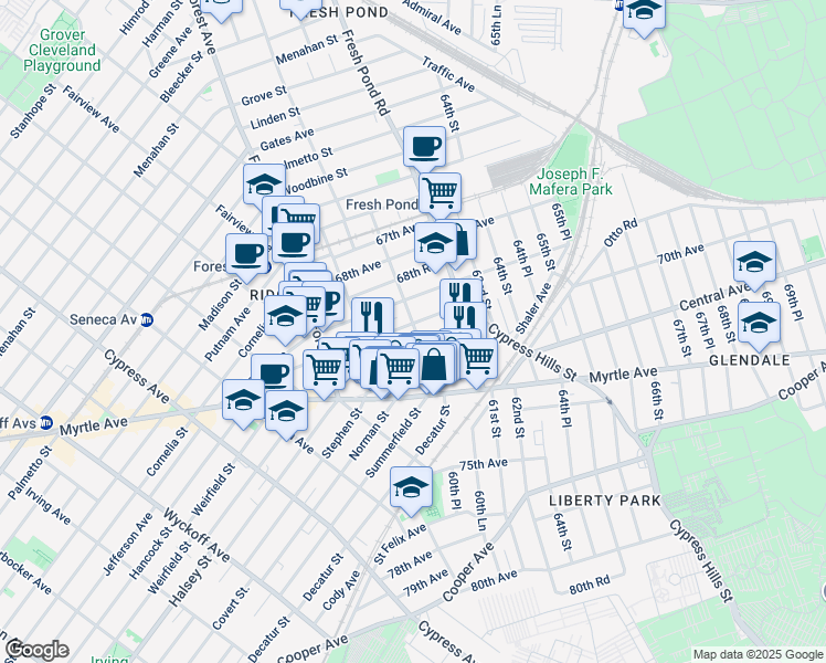 map of restaurants, bars, coffee shops, grocery stores, and more near 60-46 69th Avenue in Queens