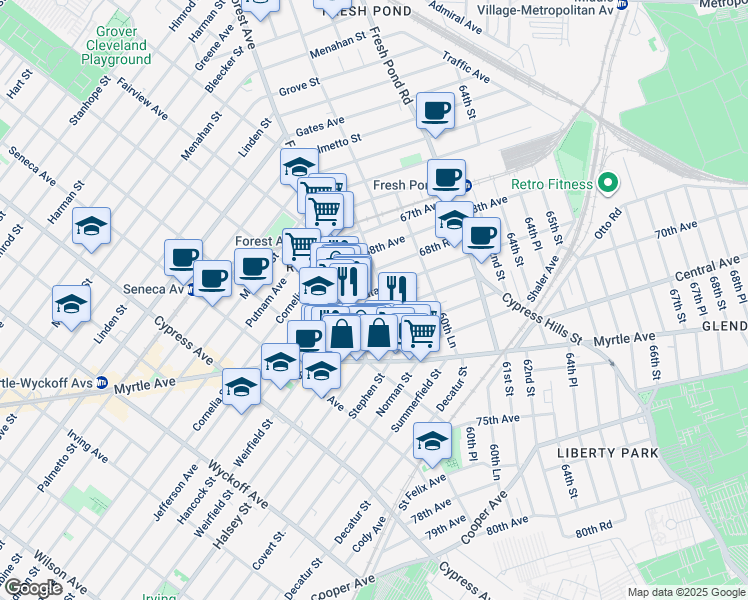 map of restaurants, bars, coffee shops, grocery stores, and more near 68-59 Forest Avenue in Queens