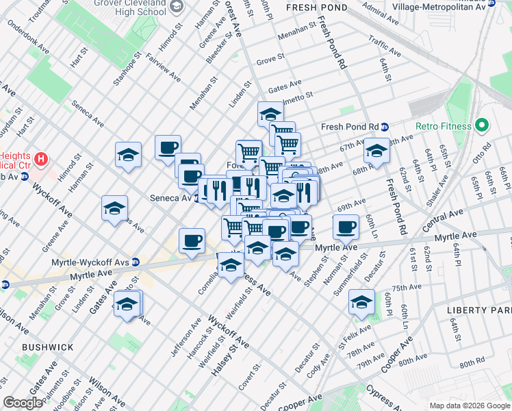 map of restaurants, bars, coffee shops, grocery stores, and more near 18-67 Cornelia Street in Queens