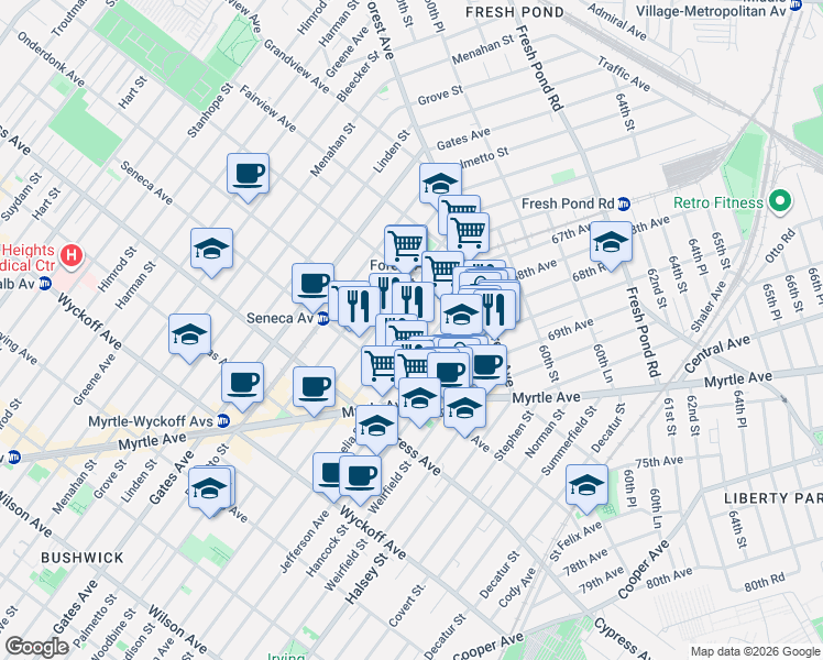 map of restaurants, bars, coffee shops, grocery stores, and more near 18-67 Cornelia Street in Queens