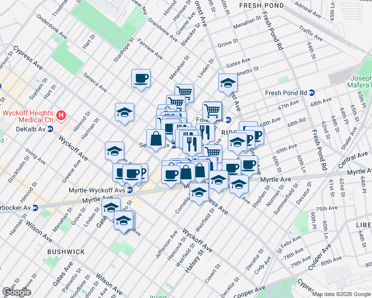 map of restaurants, bars, coffee shops, grocery stores, and more near 18-14 Woodbine Street in Queens