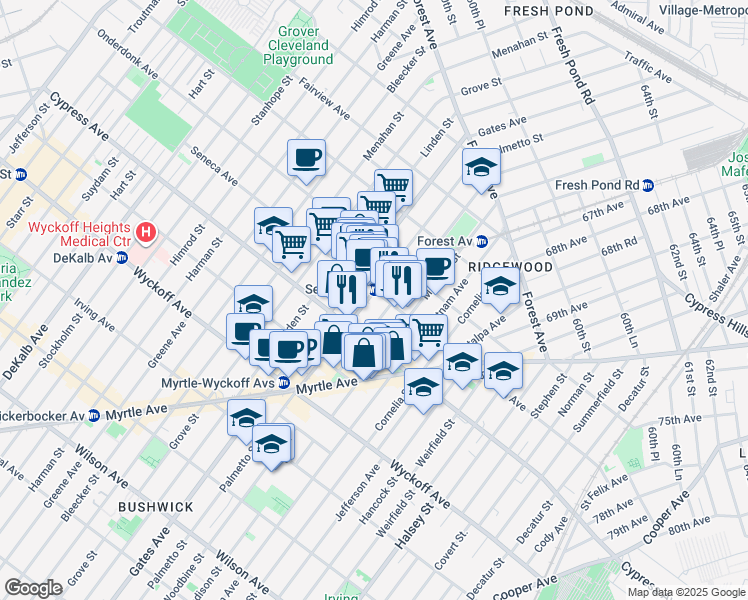 map of restaurants, bars, coffee shops, grocery stores, and more near in Queens