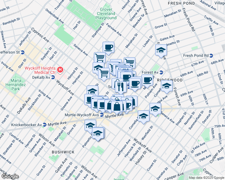 map of restaurants, bars, coffee shops, grocery stores, and more near 17-07 Gates Avenue in Queens