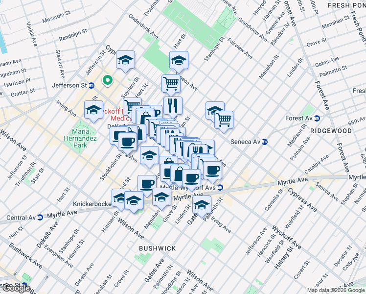map of restaurants, bars, coffee shops, grocery stores, and more near 1455 Greene Avenue in Brooklyn