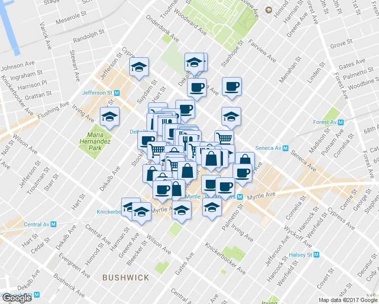 map of restaurants, bars, coffee shops, grocery stores, and more near 1455 Greene Avenue in Brooklyn