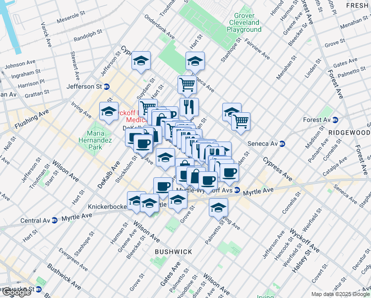 map of restaurants, bars, coffee shops, grocery stores, and more near 1455 Greene Avenue in Brooklyn