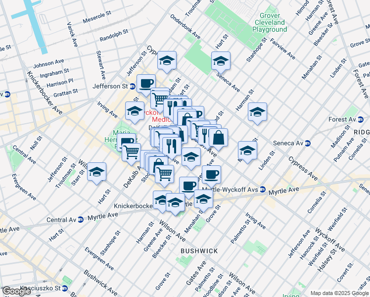 map of restaurants, bars, coffee shops, grocery stores, and more near 300 Stanhope Street in Brooklyn