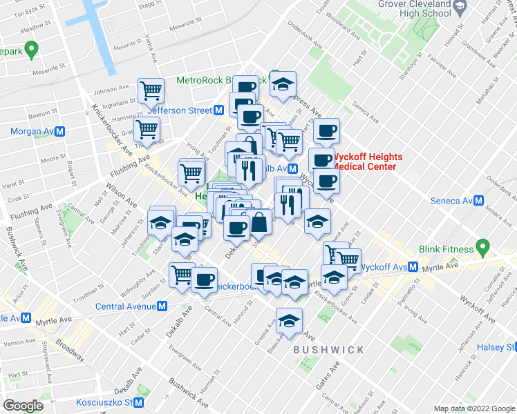 map of restaurants, bars, coffee shops, grocery stores, and more near 1535 Dekalb Avenue in Brooklyn