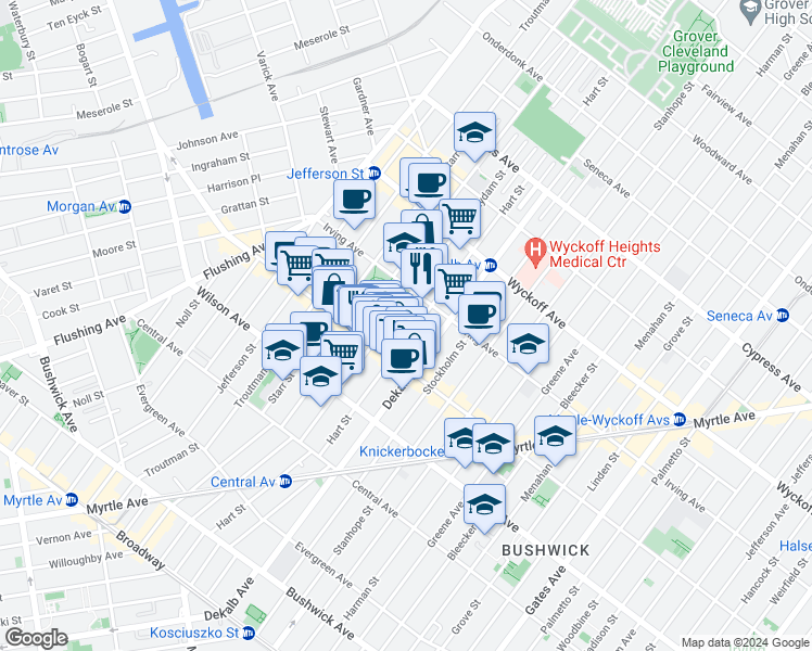 map of restaurants, bars, coffee shops, grocery stores, and more near 288 Suydam Street in Brooklyn