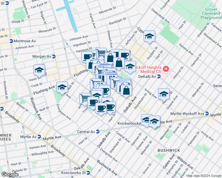 map of restaurants, bars, coffee shops, grocery stores, and more near 244 Knickerbocker Avenue in Brooklyn