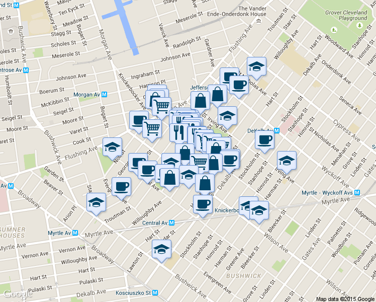 map of restaurants, bars, coffee shops, grocery stores, and more near 101 Starr Street in Brooklyn