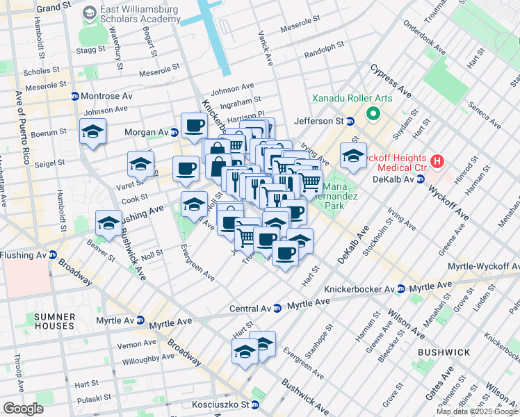 map of restaurants, bars, coffee shops, grocery stores, and more near 55 Wilson Avenue in Brooklyn